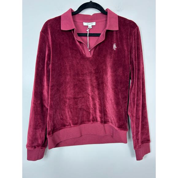 Sporty and Rich NWT Velour Longsleeve Polo Top Merlot Medium - Picture 5 of 12